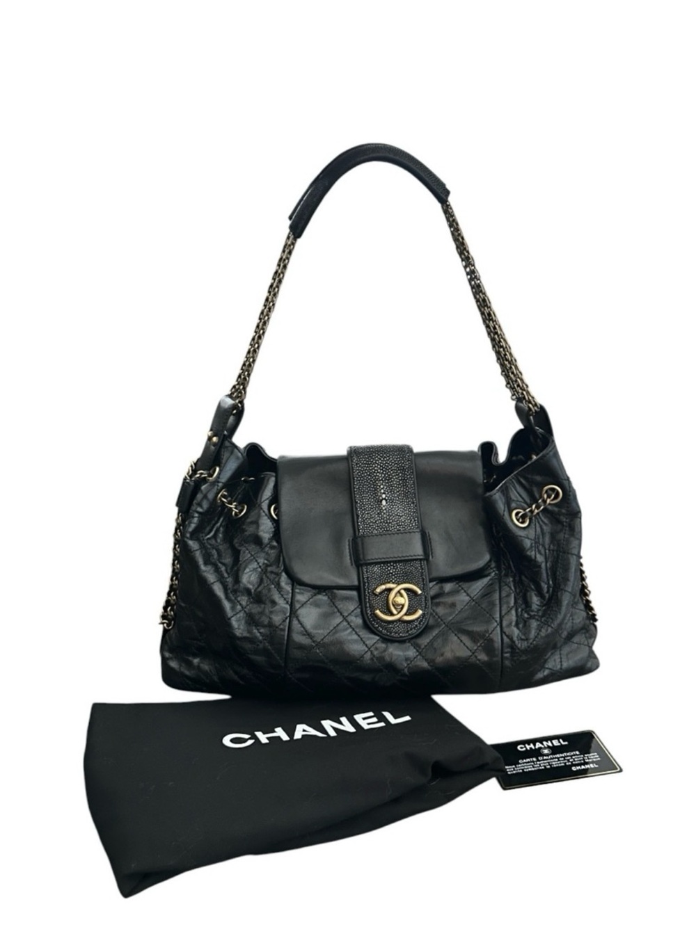Authentic Chanel Glazed Calfskin Stingray Bindi Accordion Flap Bag